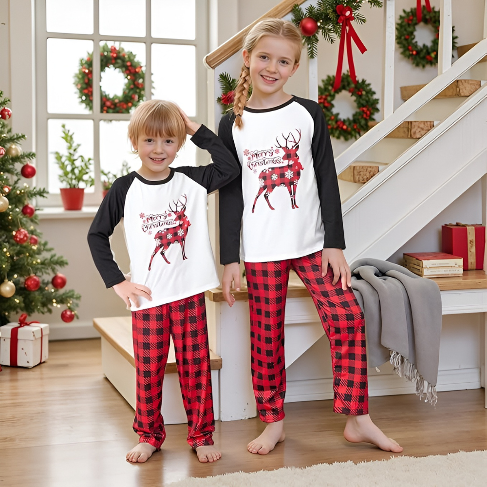 Plaid Reindeer Merry Christmas Printed Family Matching Pajama Set
