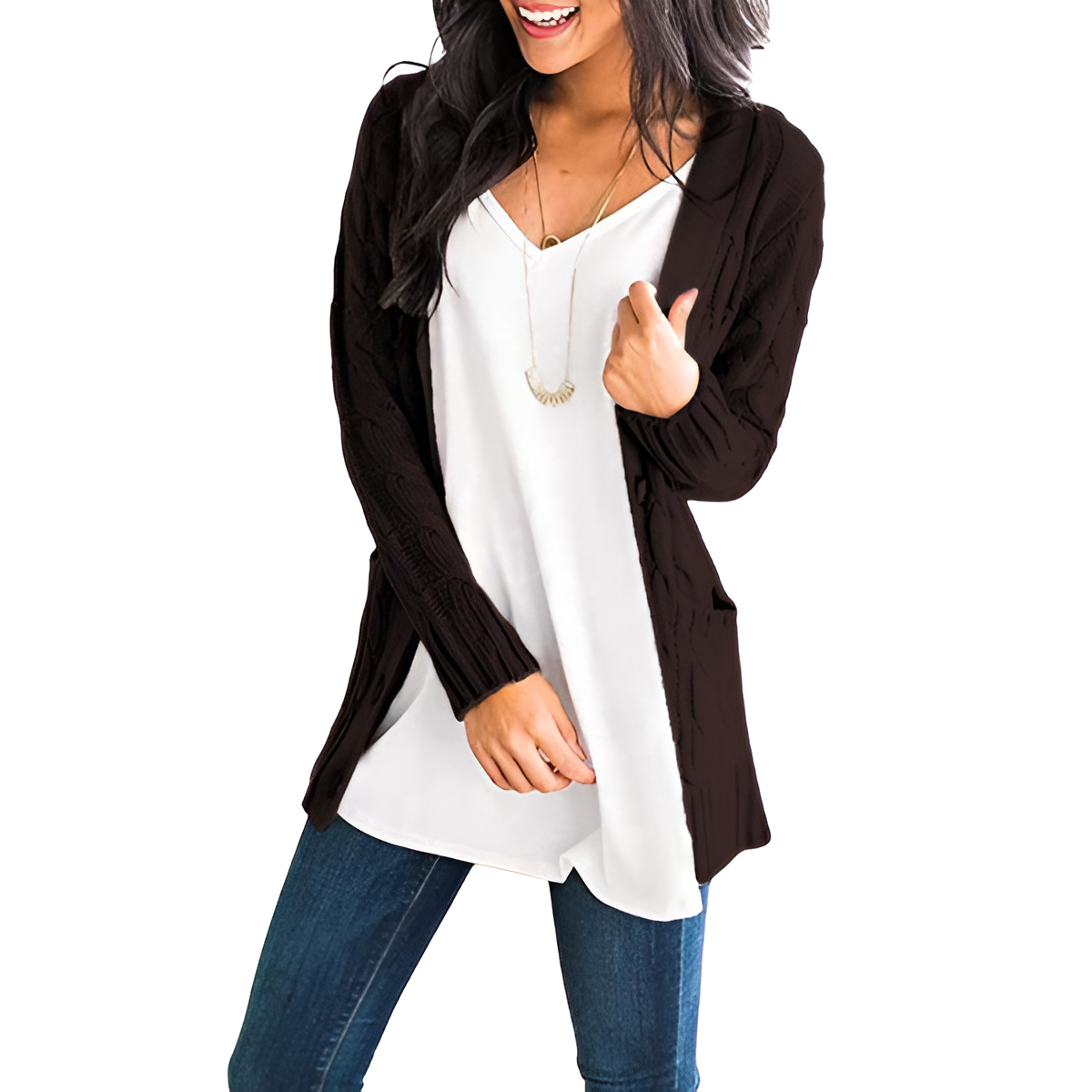 Cable Knit Button Front Open Cardigan