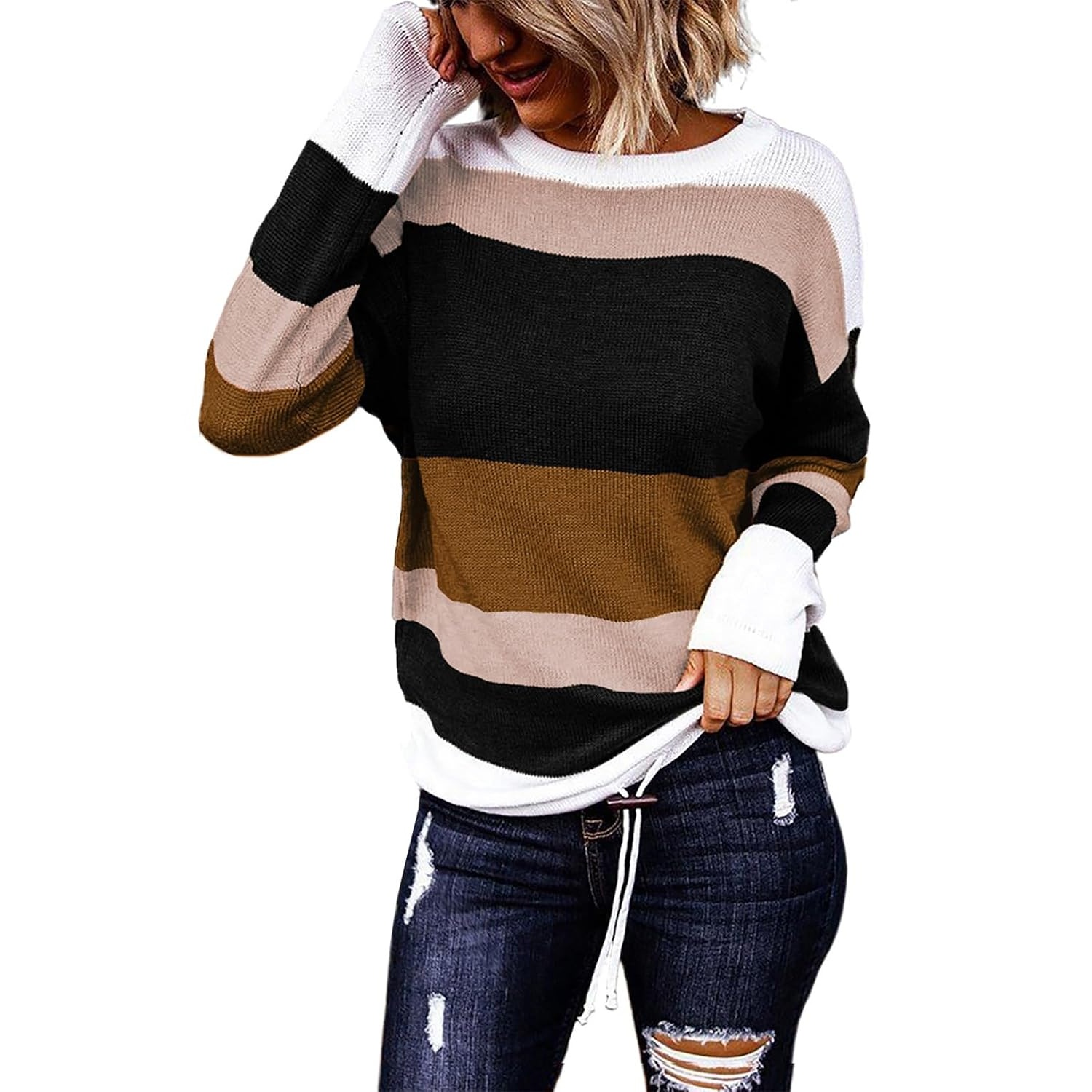 Striped Winter Fashion Outfits Sweaters With Drawstring For Women