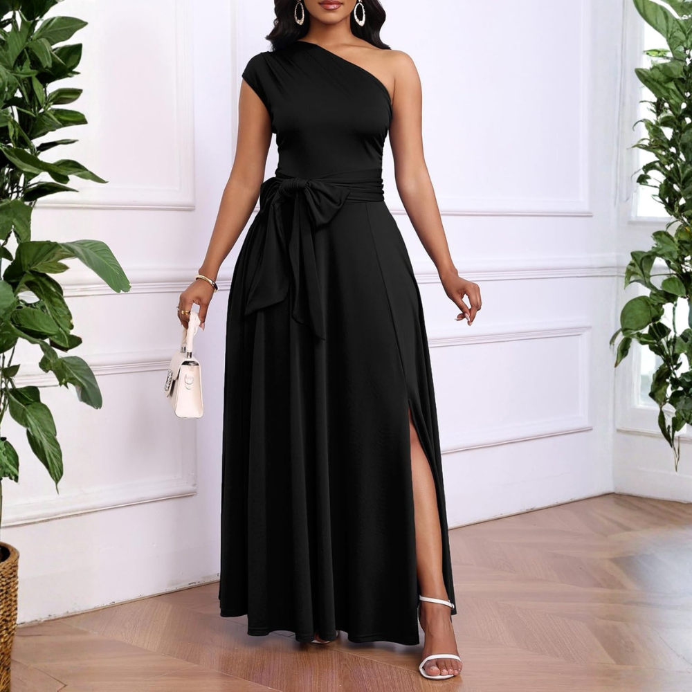 Asymmetric Belted Maxi Dress with Convenient Pockets