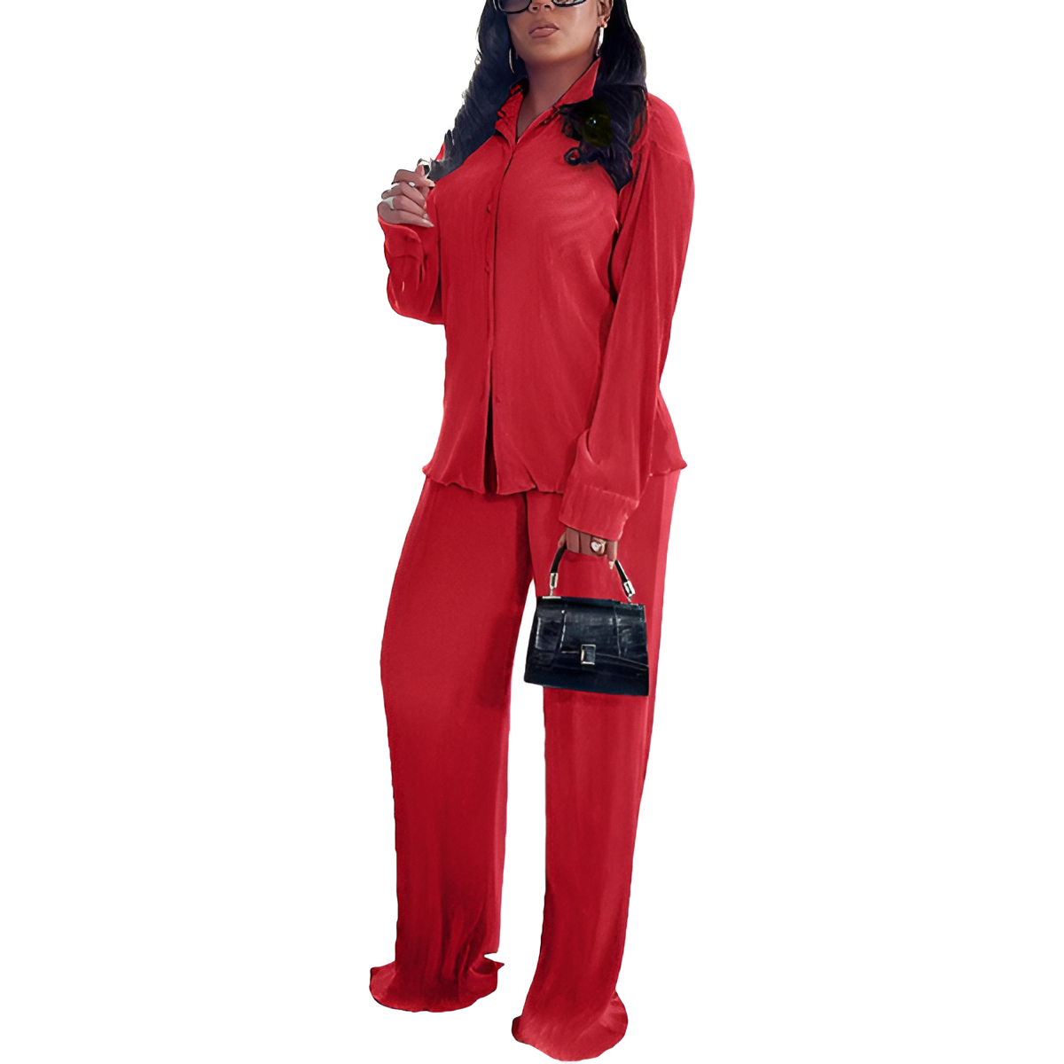 2 Piece Button Down Shirt And Pleated Pants Set For Women