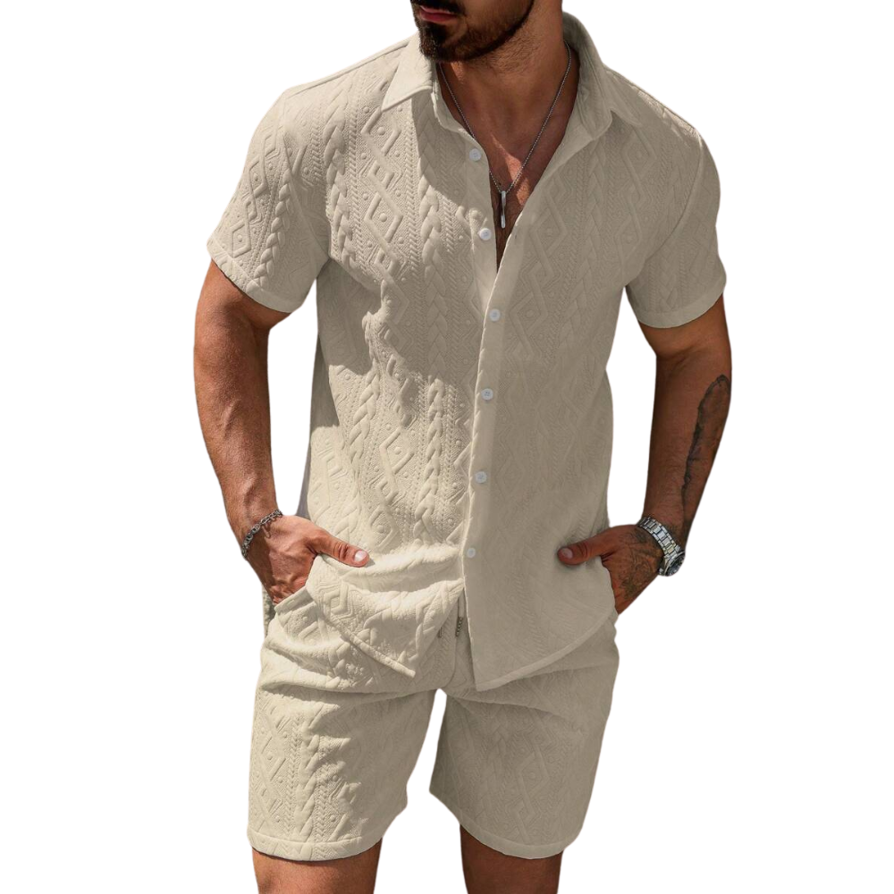 Men Casual Solid Color Textured Shirt And Shorts Set