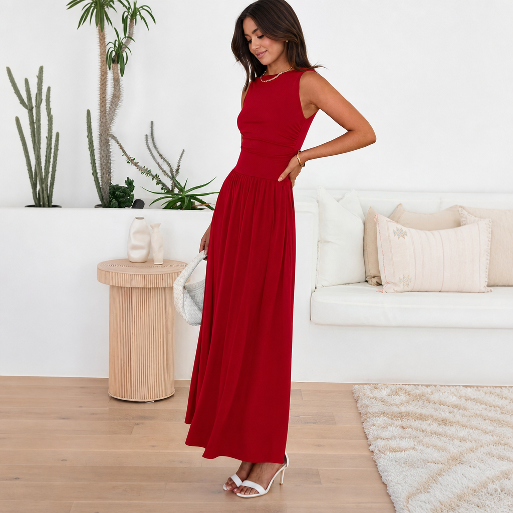 Casual Sleeveless Ruched High Rise Long Dress For Women