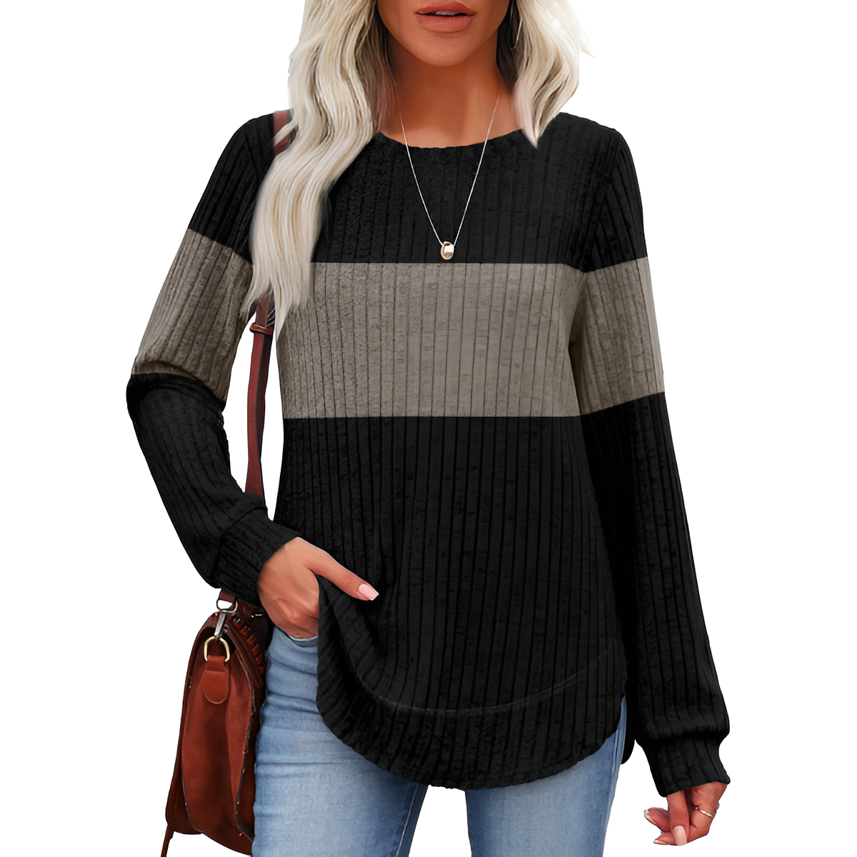 Tunic Tops for Women Loose Fit Dressy Long Sleeve Shirts Womens Sweaters Crew Neck Fall Clothing with Curved Hem