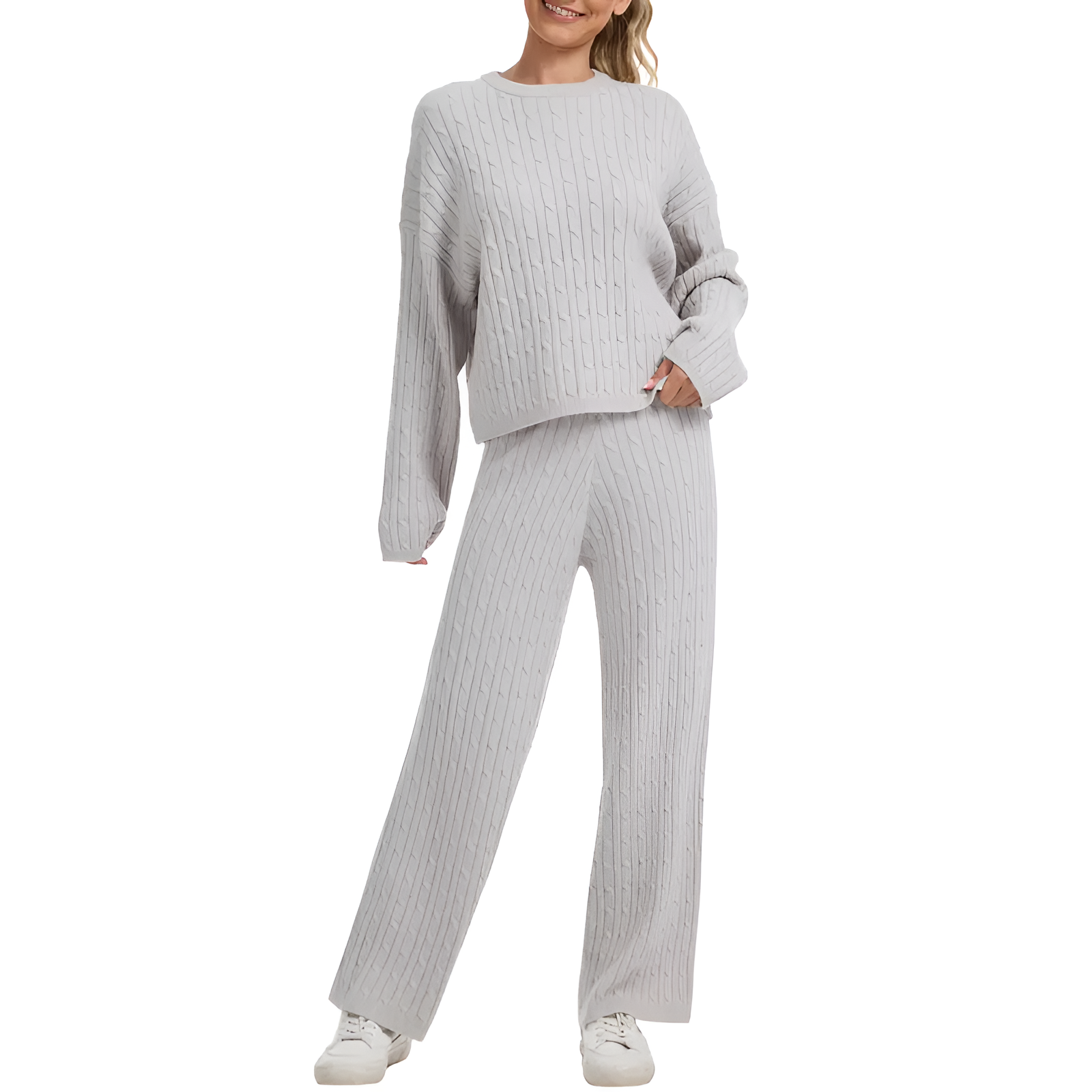 2 Piece Long Sleeve Knit Top With Pants Set For Women