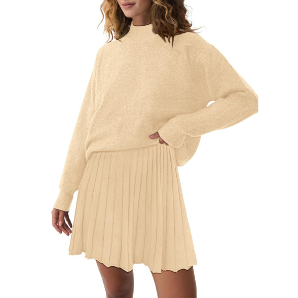 Women's Two Piece Outfits Turtleneck Long Sleeve Ribbed Knit Tops Pleated Mini Skirt 2026 Casual Sweater Sets