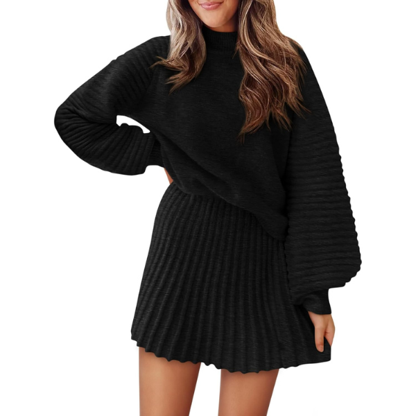 2 Piece Ribbed Knit Puff Sleeve Sweater Top And Mini Skirt Outfit Set