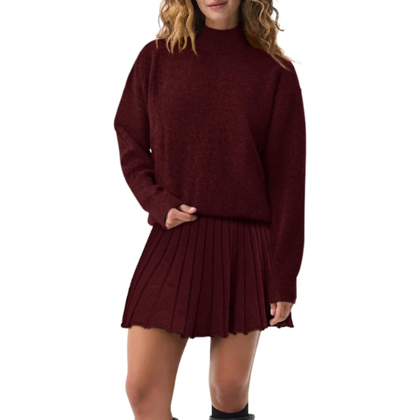 Women's Two Piece Outfits Turtleneck Long Sleeve Ribbed Knit Tops Pleated Mini Skirt 2026 Casual Sweater Sets