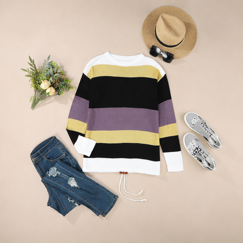 Striped Winter Fashion Outfits Sweaters With Drawstring For Women