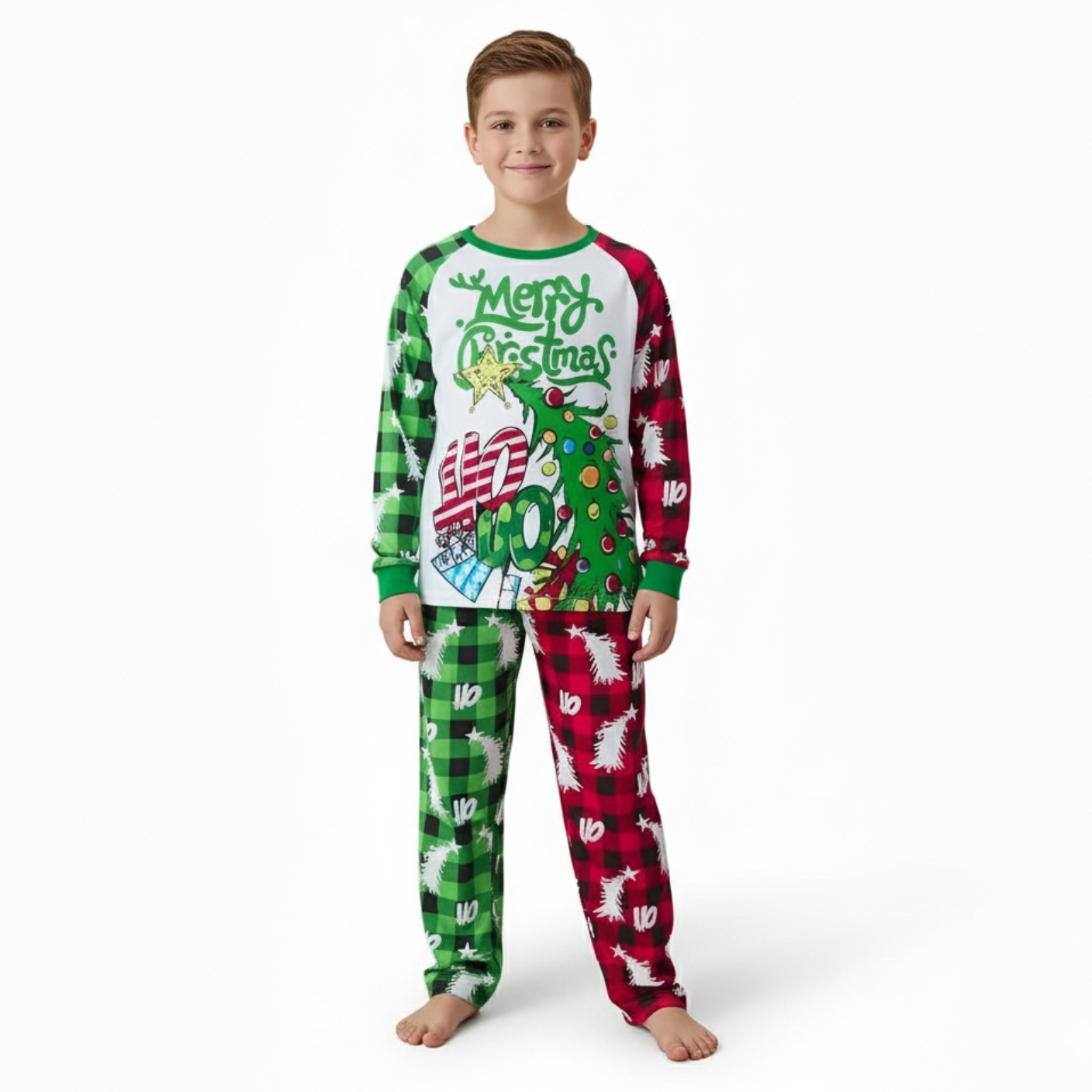 Christmas Tree Merry Christmas Printed Family Matching Plaid Pajama Set