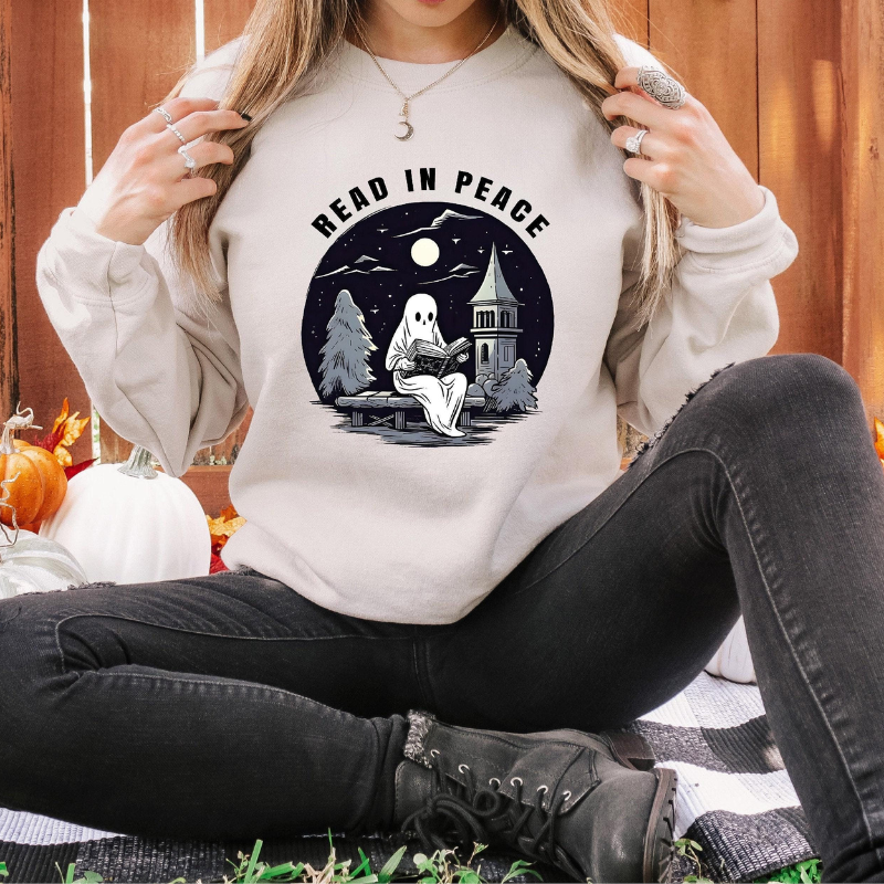 Halloween Read In Peace Printed Sweatshirt-Cozy Knit Sets