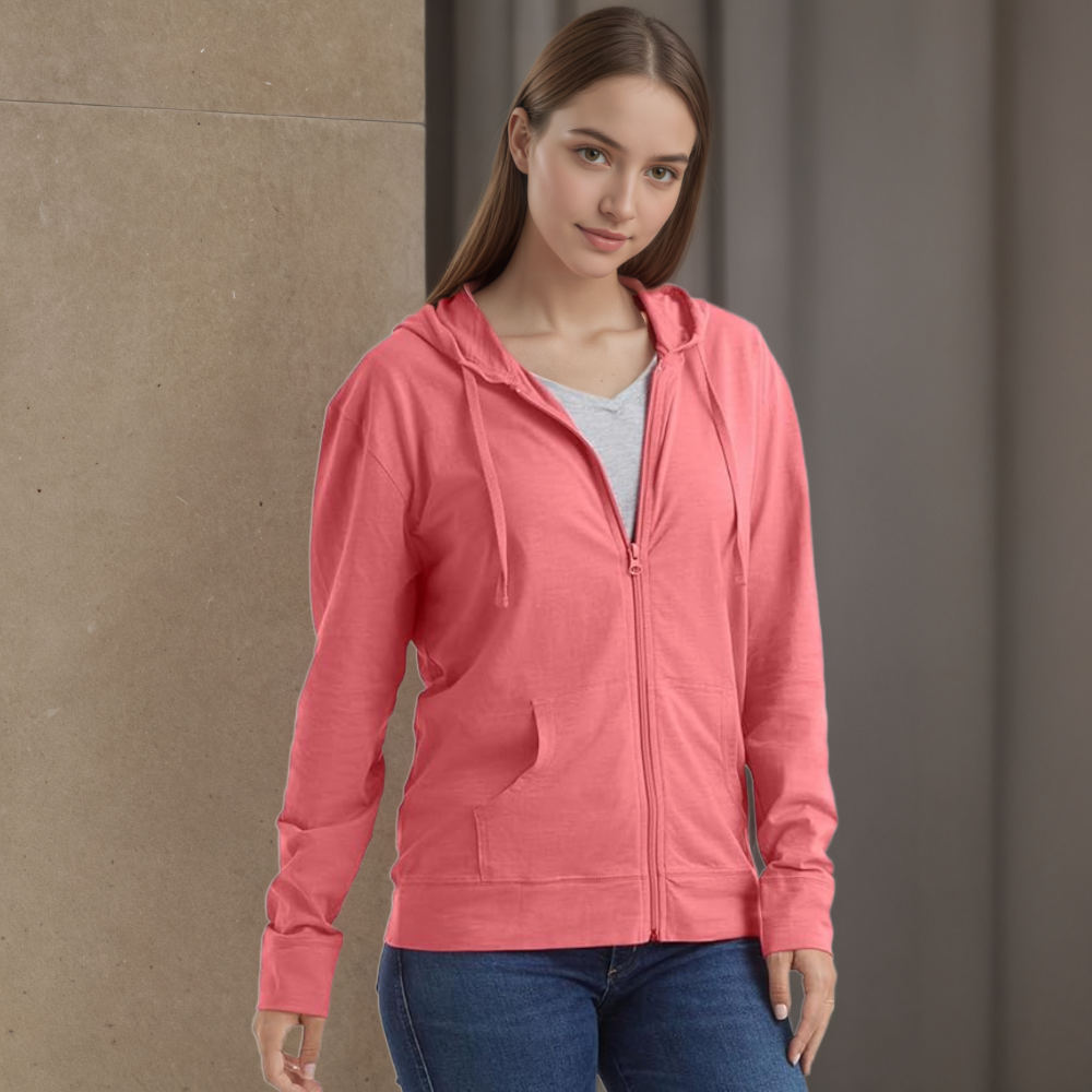 Women Slub Hoodie Textured Cotton Zip Up T-Shirt