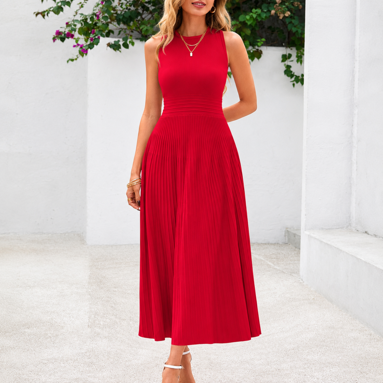 Casual Sleeveless Midi Dress With Pleated Design For Women