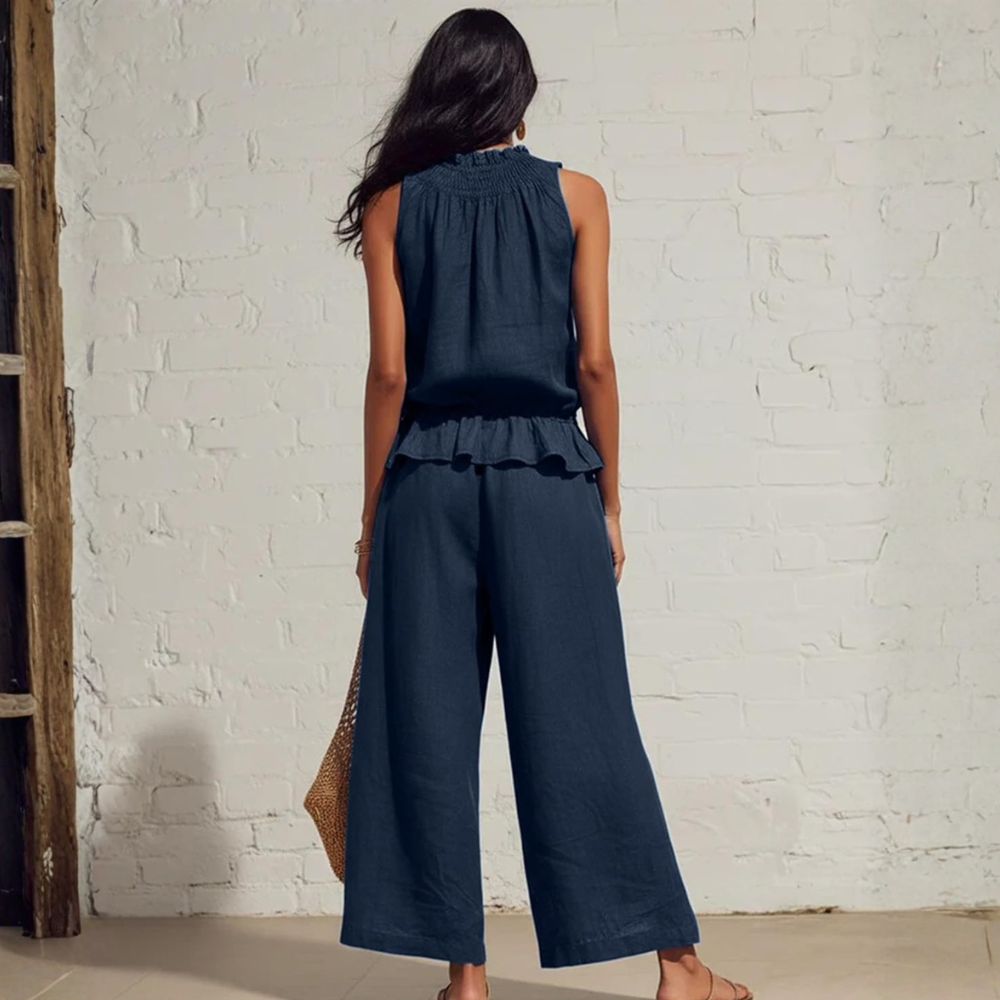 Linen Sleeveless Ruffle Top Pants Set