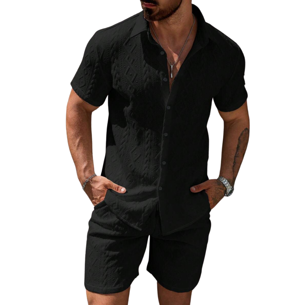 Men Casual Solid Color Textured Shirt And Shorts Set