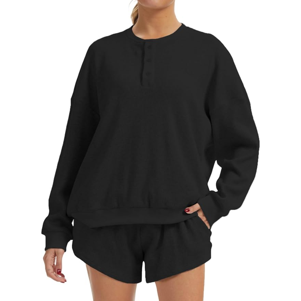 2 Piece Oversized Waffle Knit Lounge Set Long Sleeve Sweatshirt and High Waisted Shorts