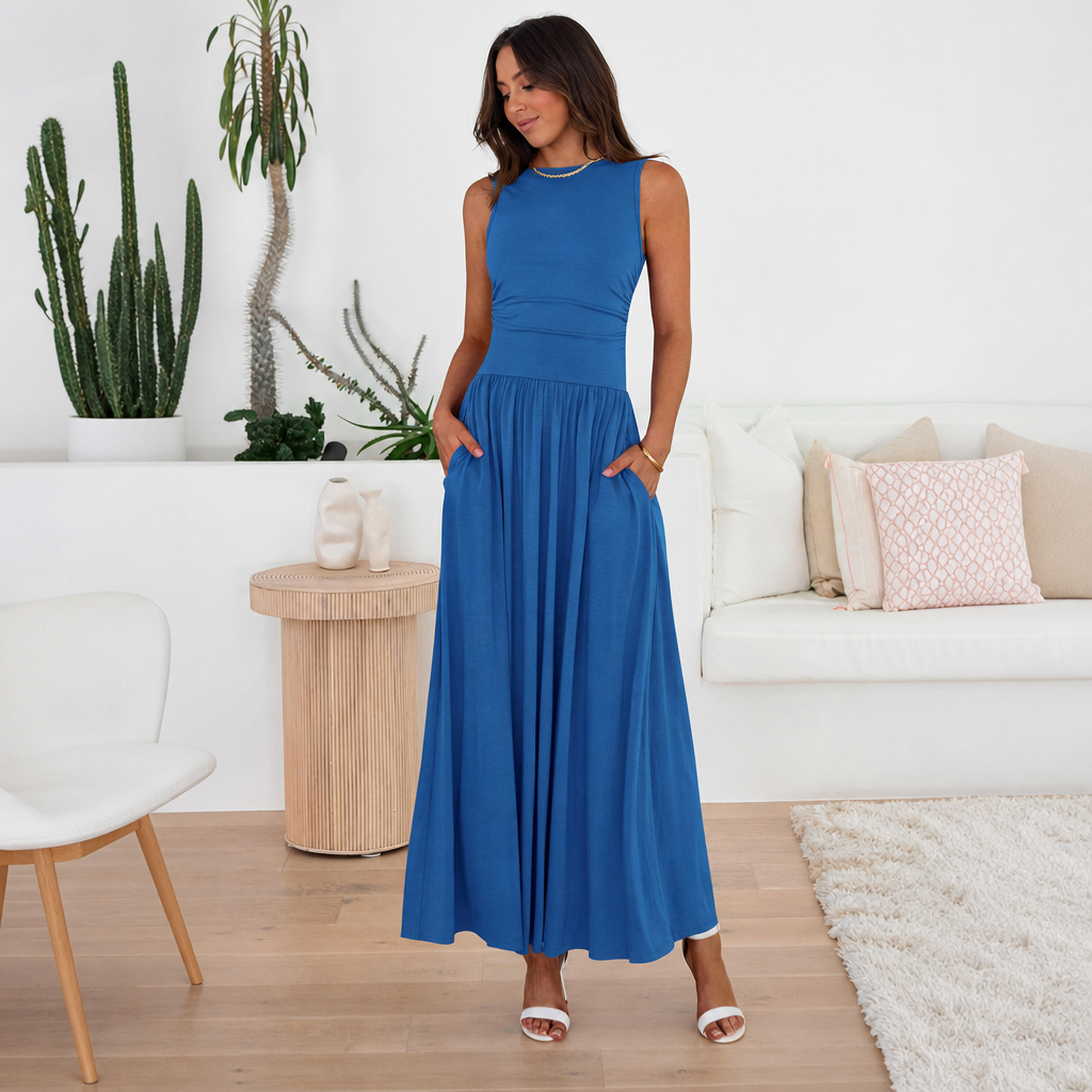 Casual Sleeveless Ruched High Rise Long Dress For Women