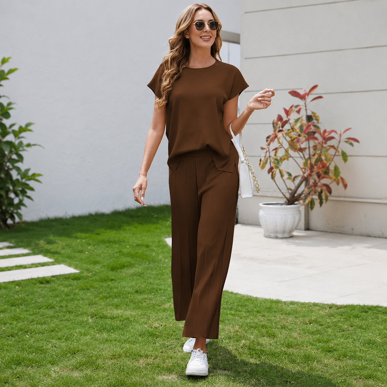 Casual Pleated Set Cap Sleeve Lounge For Women
