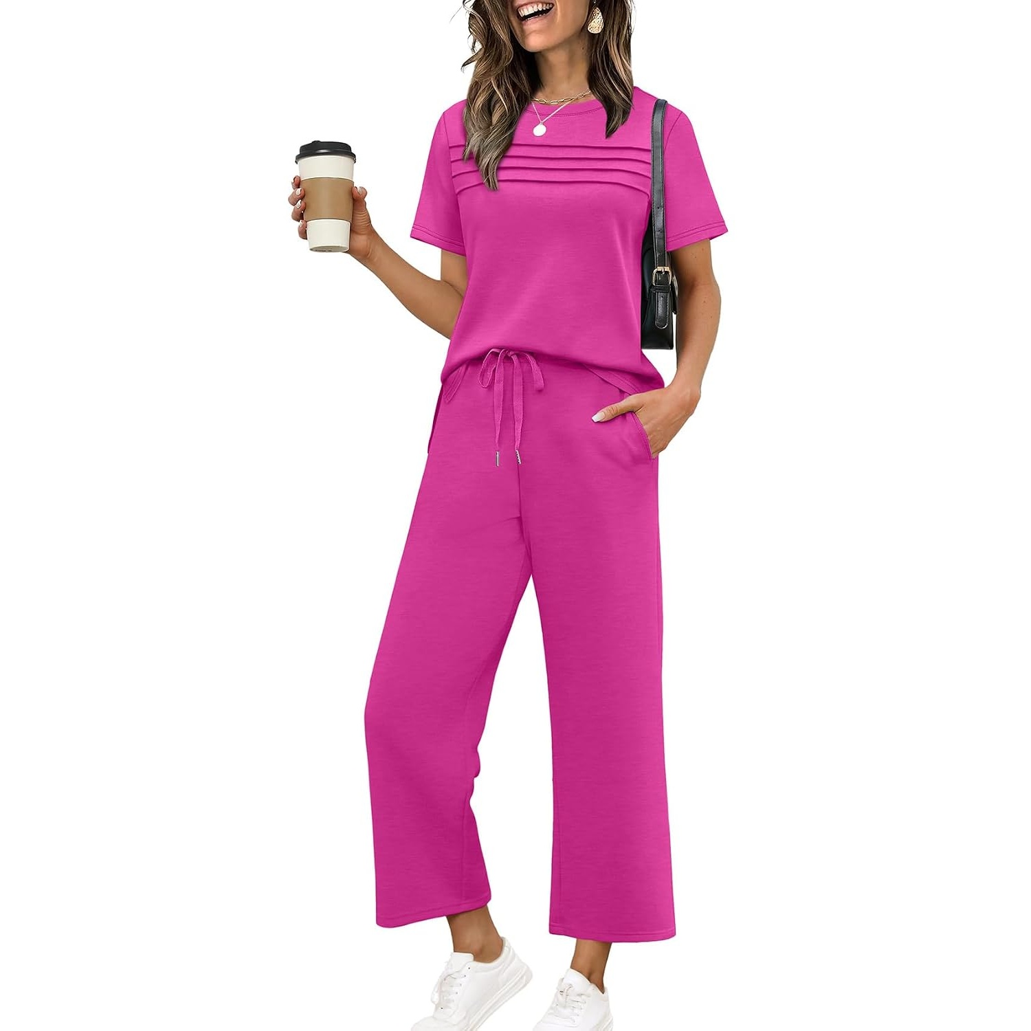 Two Piece Travel Outfit With Wide Length Pants For Women