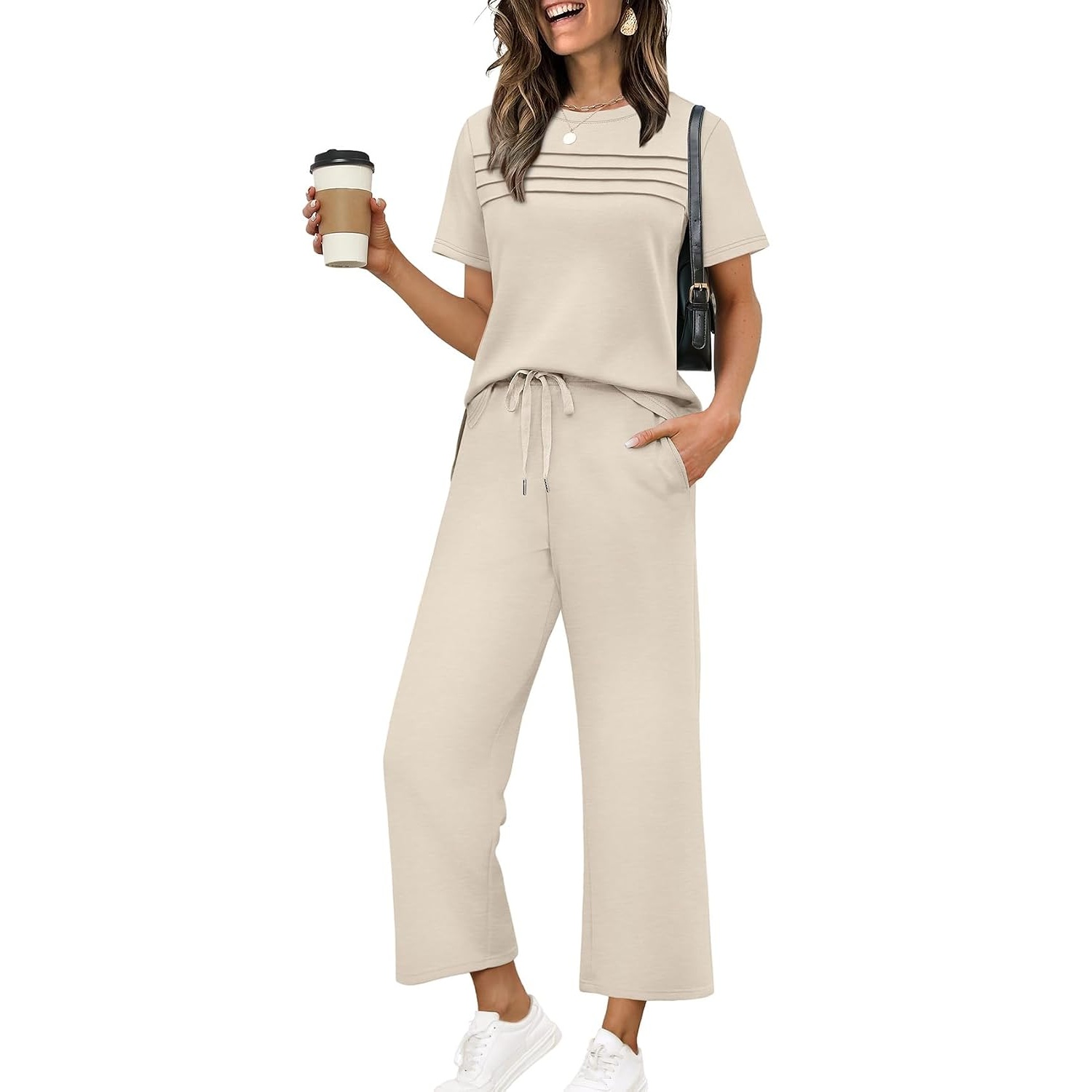 Two Piece Travel Outfit With Wide Length Pants For Women