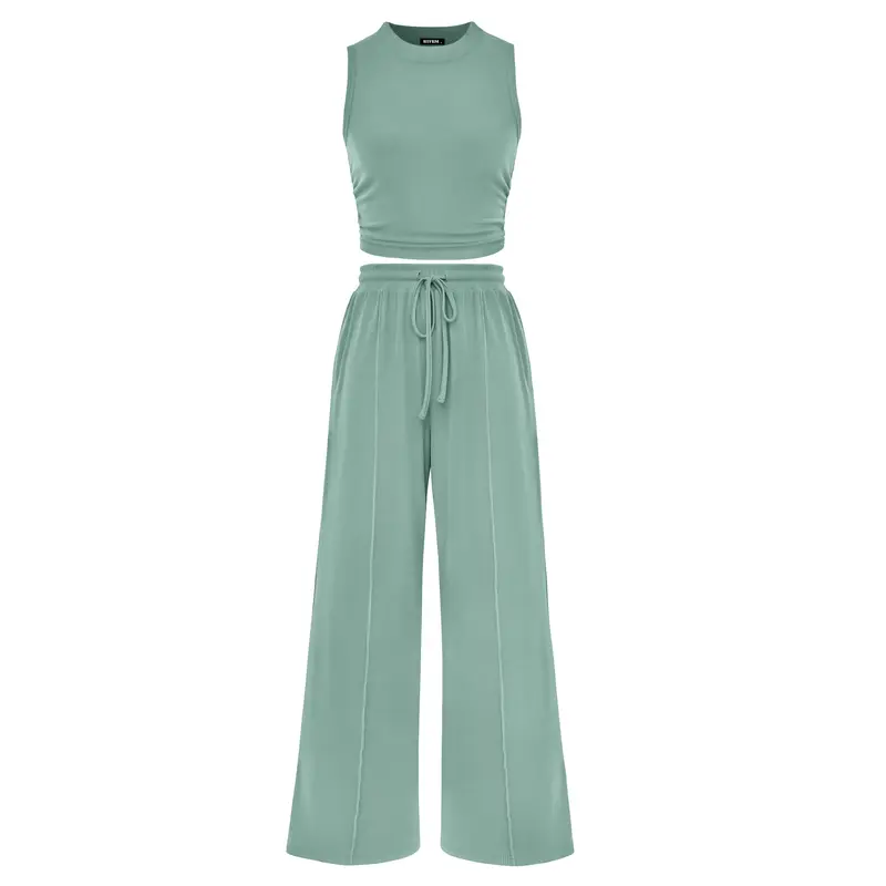 2 Piece Ribbed Design Matching Set With Cropped Top And Pants