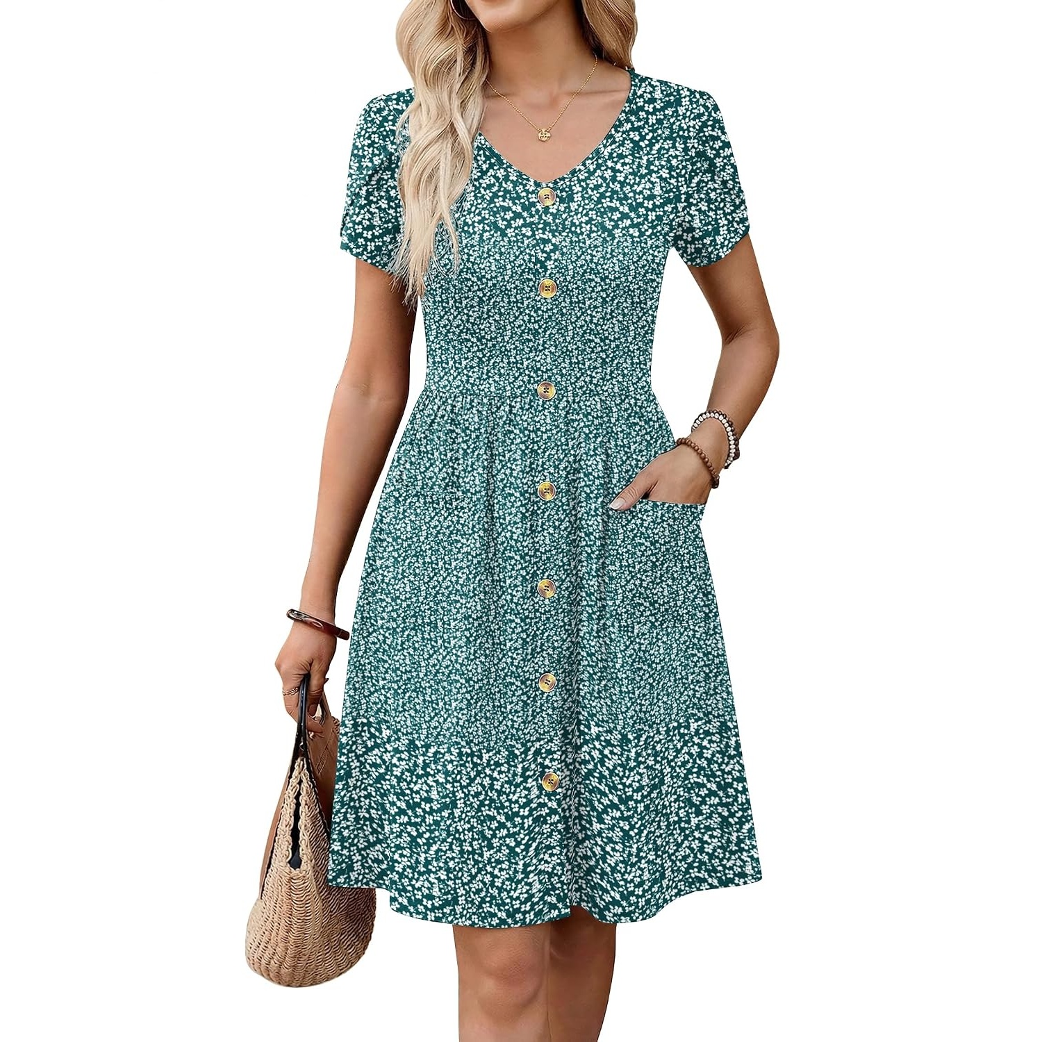 Pleated Sleeve With Front Button Dress For Women