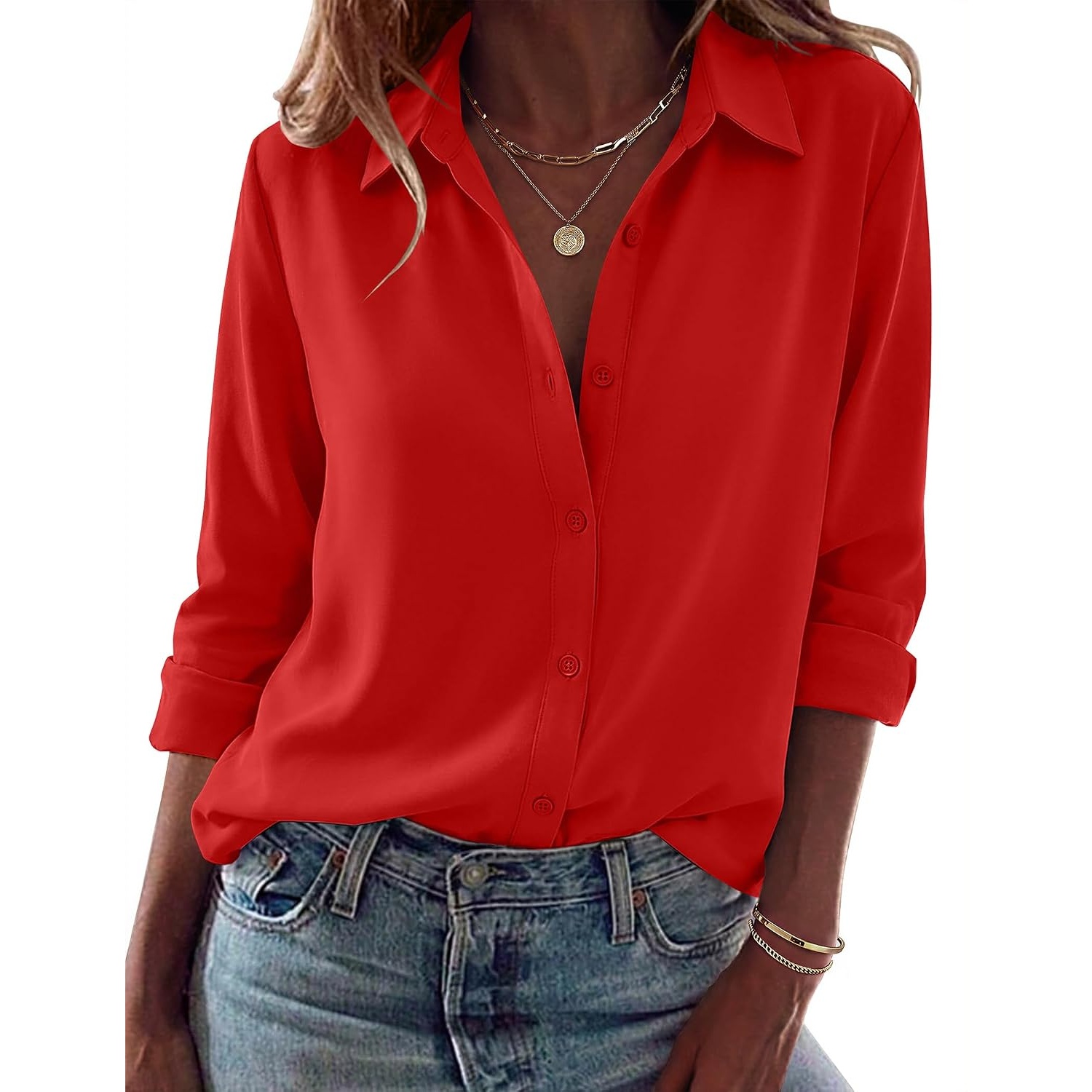 Casual Long Sleeve Button Down Blouse For Women