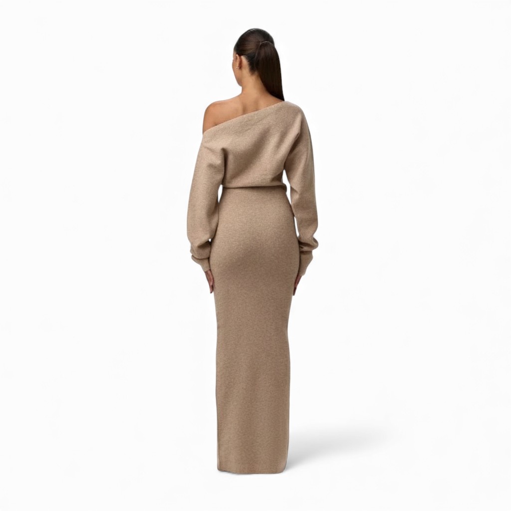 Full Length Knit Maxi Dress With Asymmetrical Top