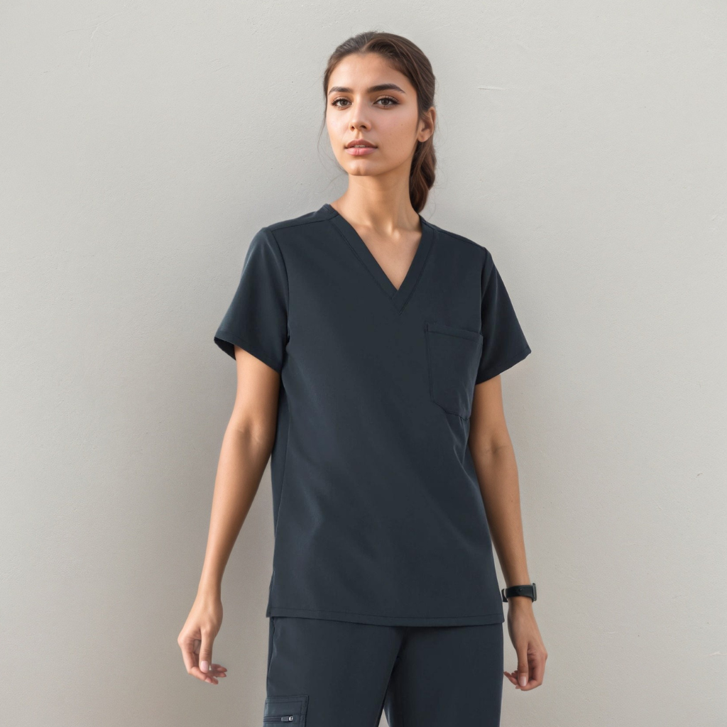 Classic Women Scrub Top With Short Sleeves And Single Pocket