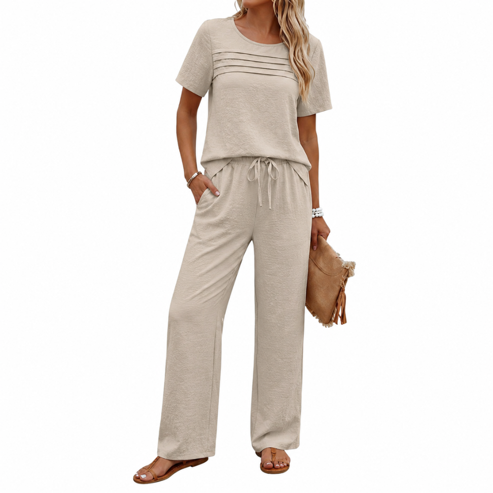 Pleated Front Top Wide Pants Lounge Set