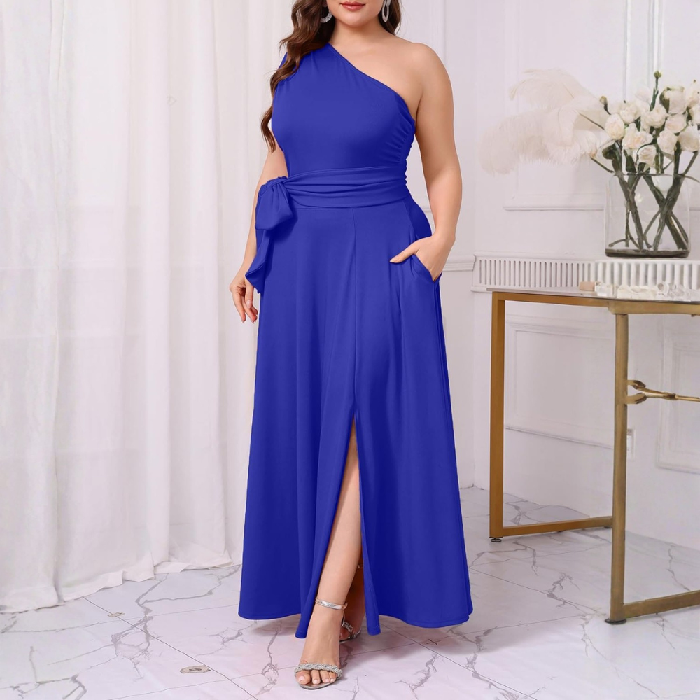 Asymmetric Belted Maxi Dress with Convenient Pockets