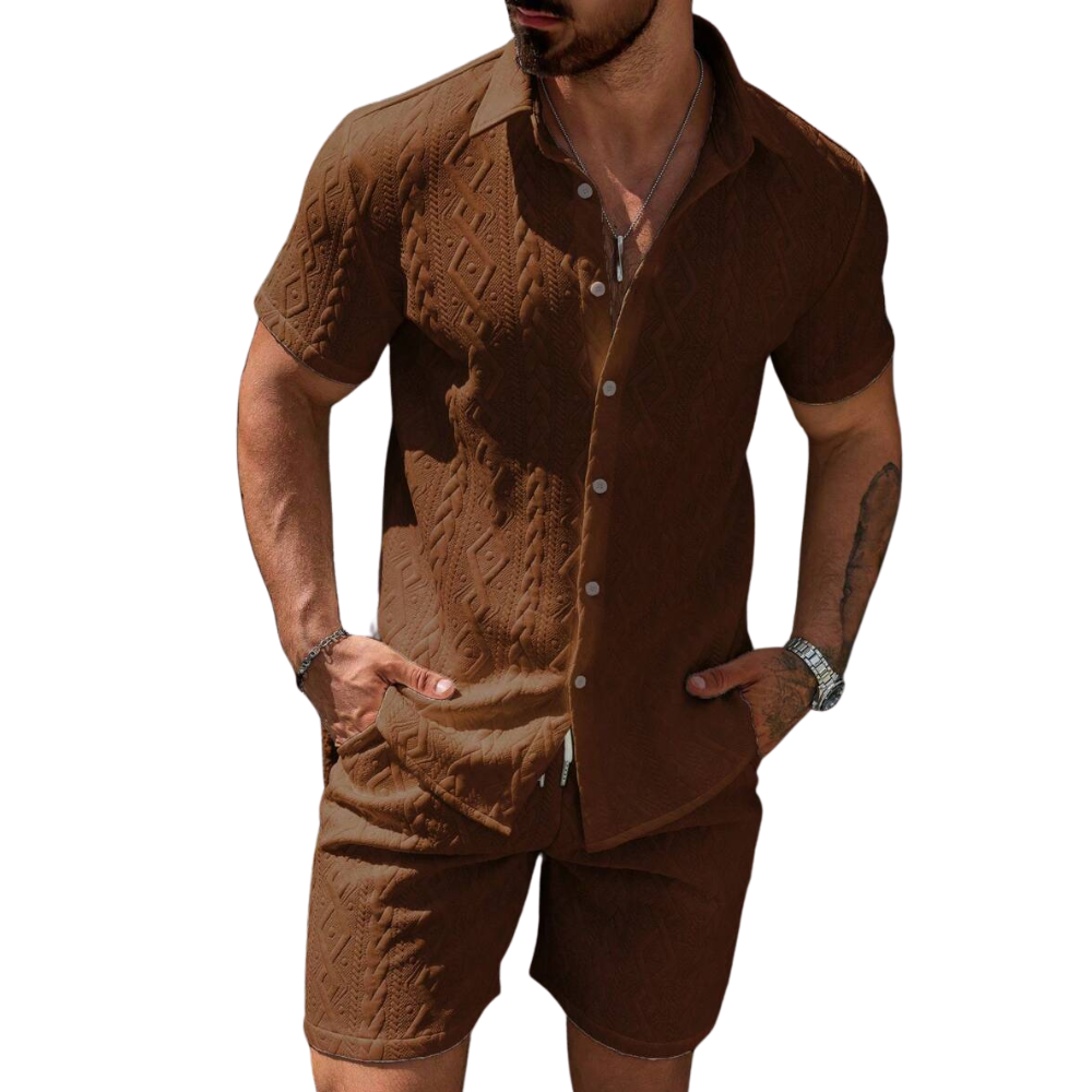 Men Casual Solid Color Textured Shirt And Shorts Set
