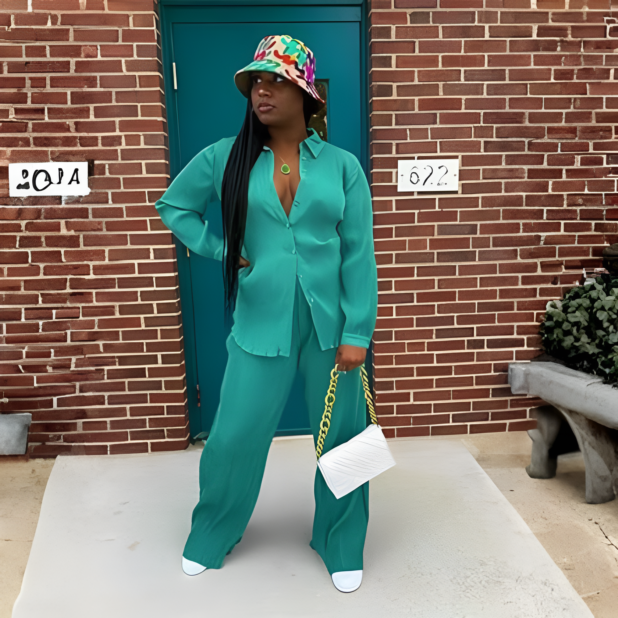 2 Piece Button Down Shirt And Pleated Pants Set For Women