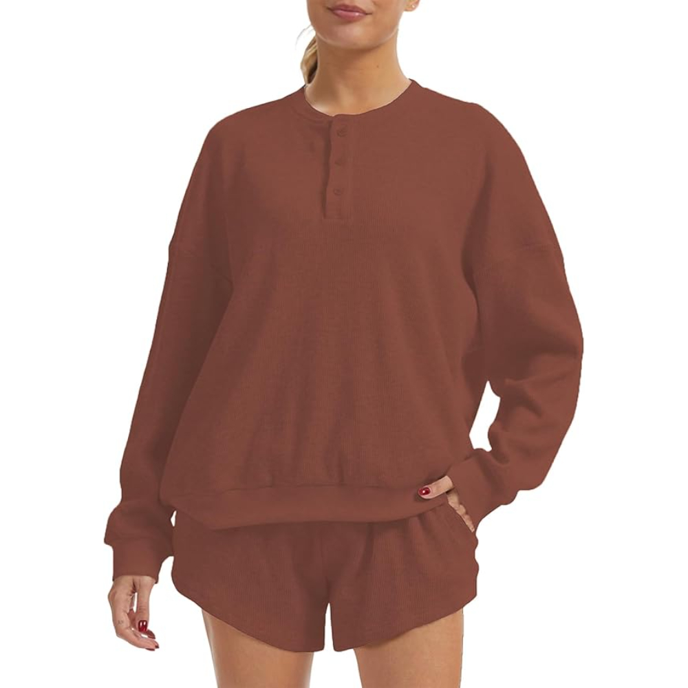 2 Piece Oversized Waffle Knit Lounge Set Long Sleeve Sweatshirt and High Waisted Shorts