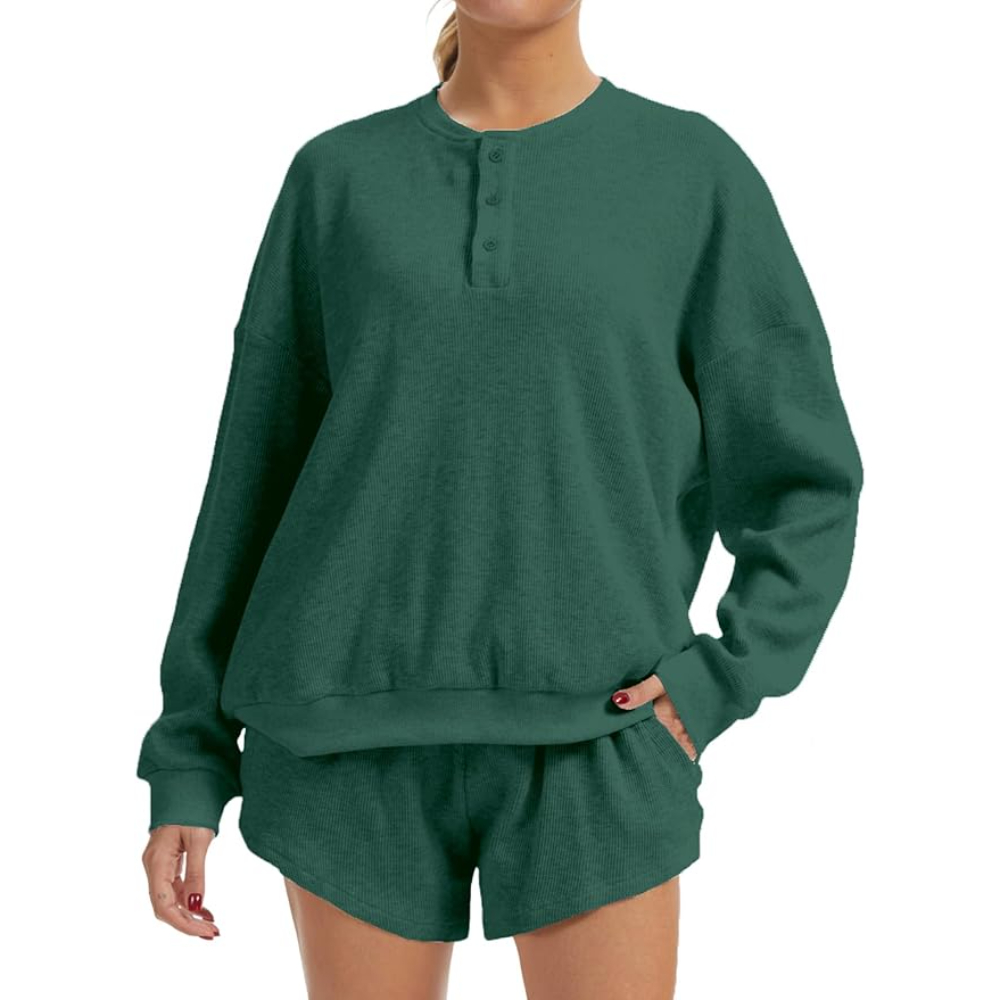 2 Piece Oversized Waffle Knit Lounge Set Long Sleeve Sweatshirt and High Waisted Shorts