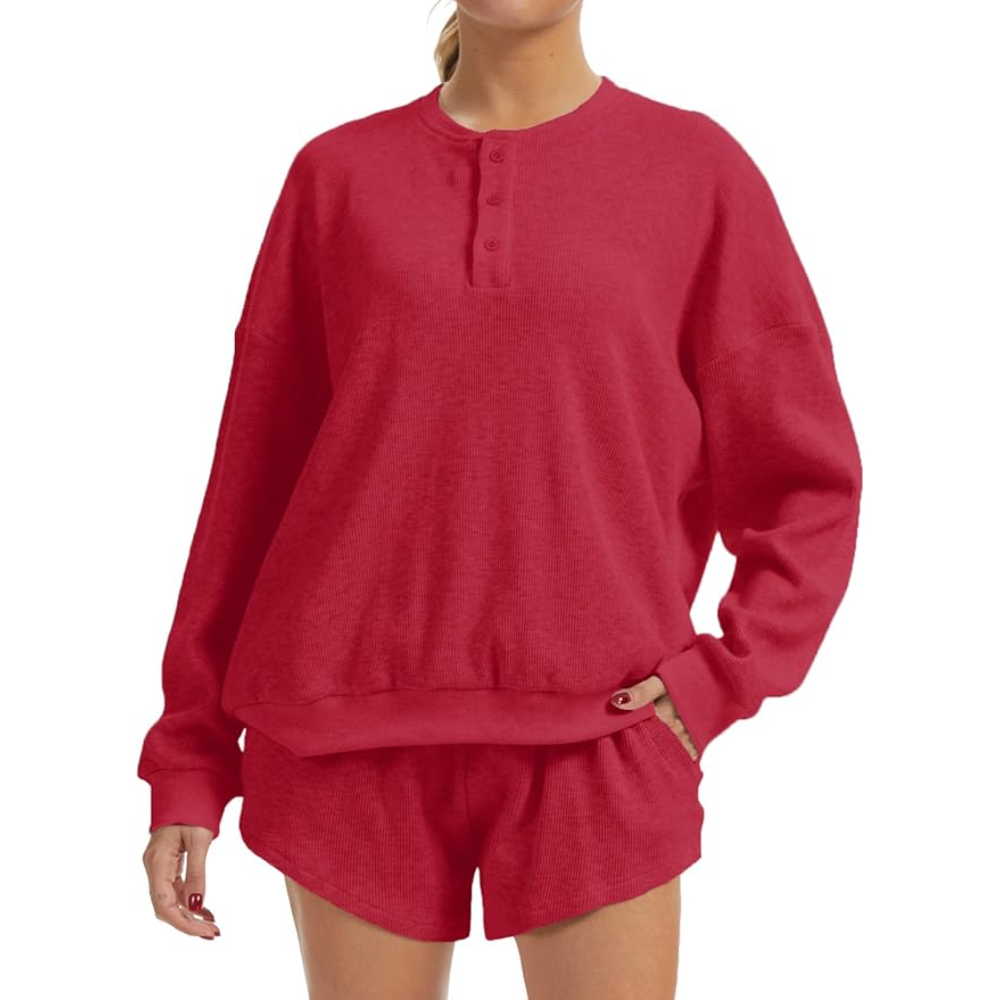 2 Piece Oversized Waffle Knit Lounge Set Long Sleeve Sweatshirt and High Waisted Shorts