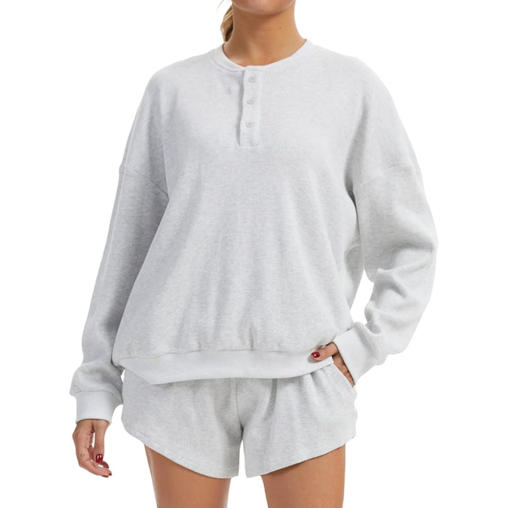 2 Piece Oversized Waffle Knit Lounge Set Long Sleeve Sweatshirt and High Waisted Shorts