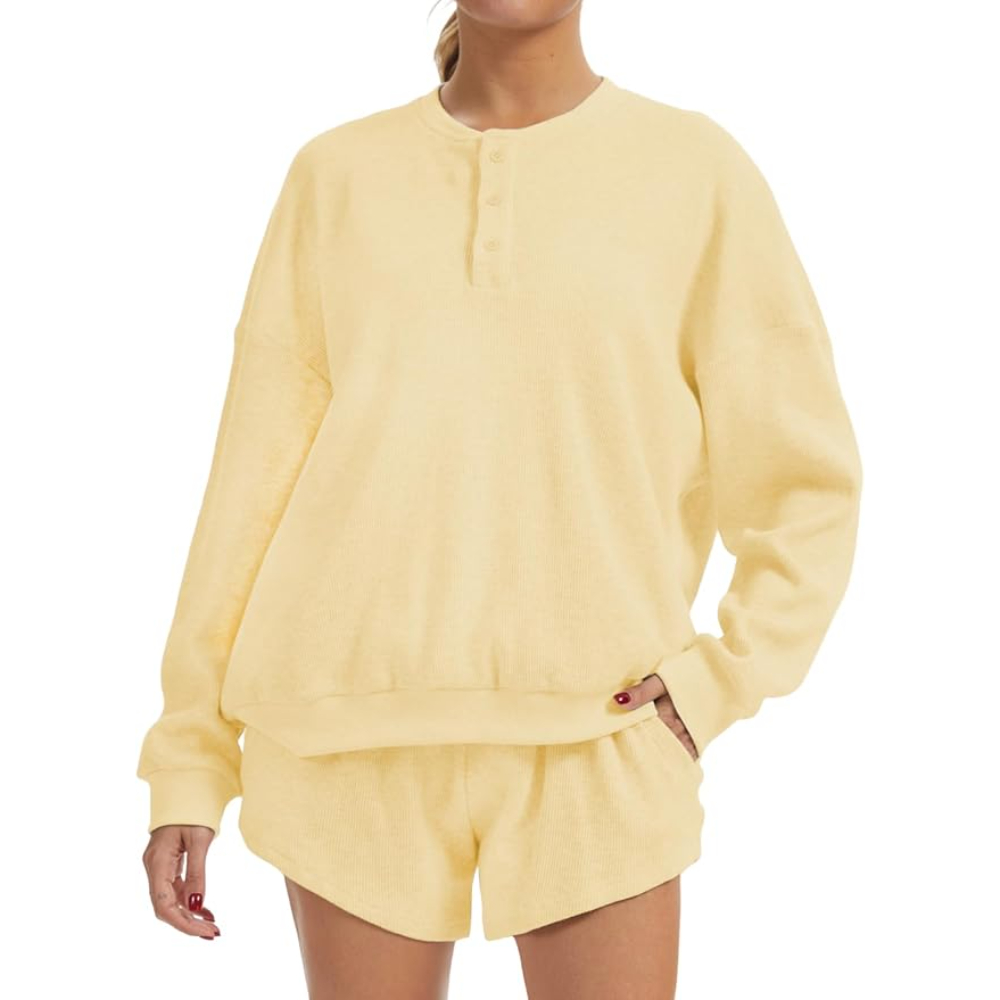 2 Piece Oversized Waffle Knit Lounge Set Long Sleeve Sweatshirt and High Waisted Shorts