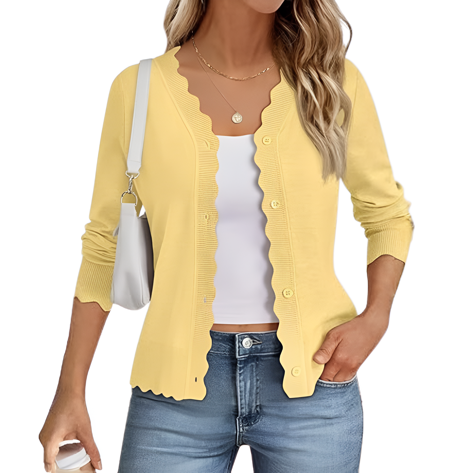 Lightweight Button Down Knit Cardigan With Scallop TrimLightweight Button Down Knit Cardigan With Scallop Trim - Image 10