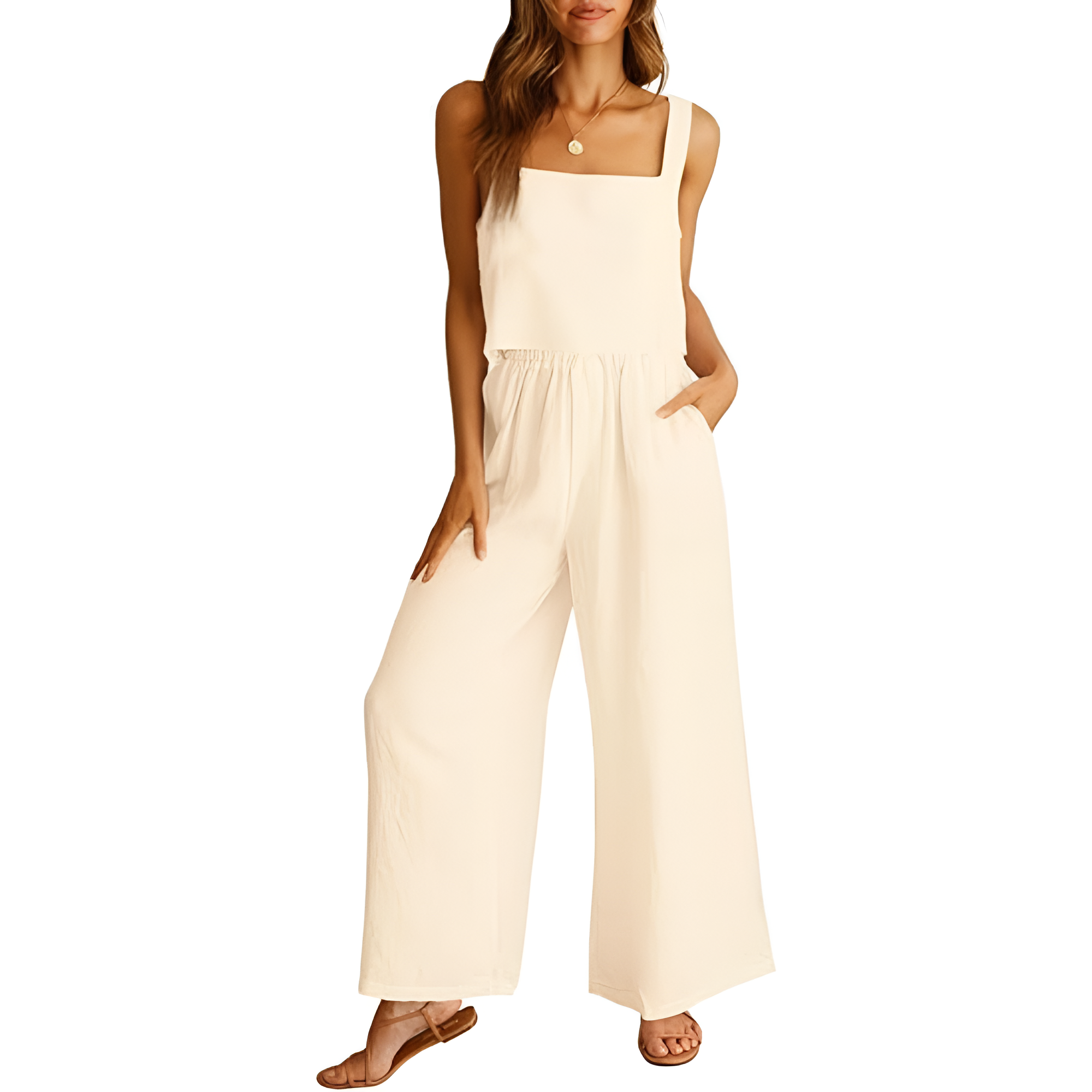 2 Piece Linen Pants Jumpsuit Matching Lounge Set For Women
