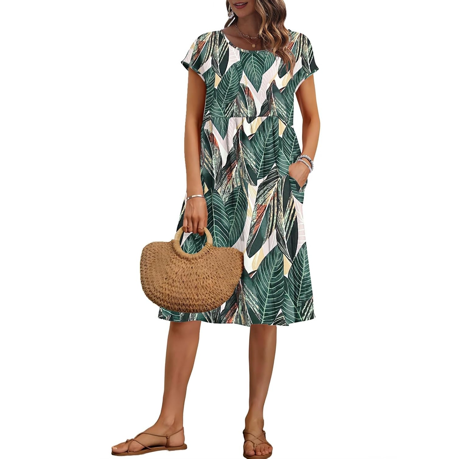 Cap Sleeve A Line Dress with Pockets for Women