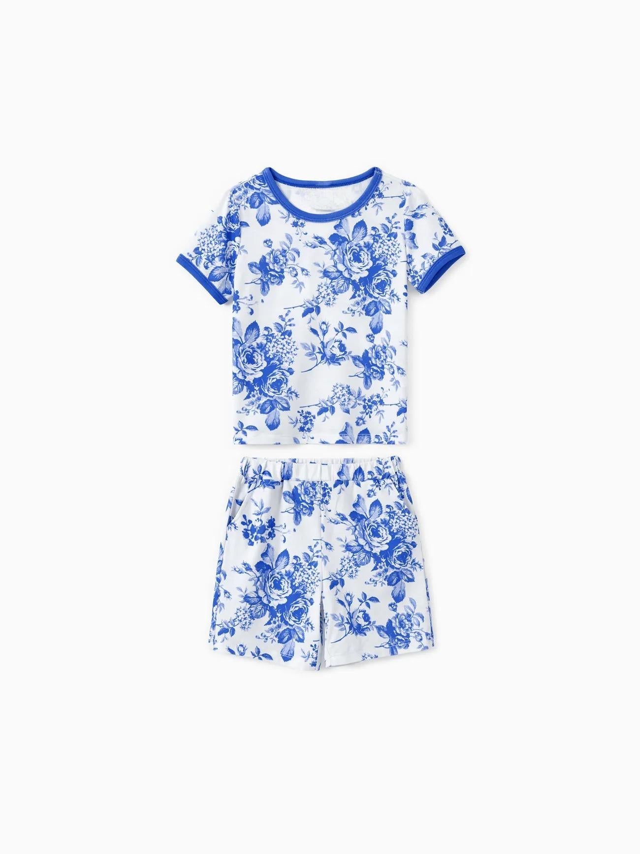 Family Matching Blue Floral Shorts Set With Drawstrings-Cozy Knit Sets