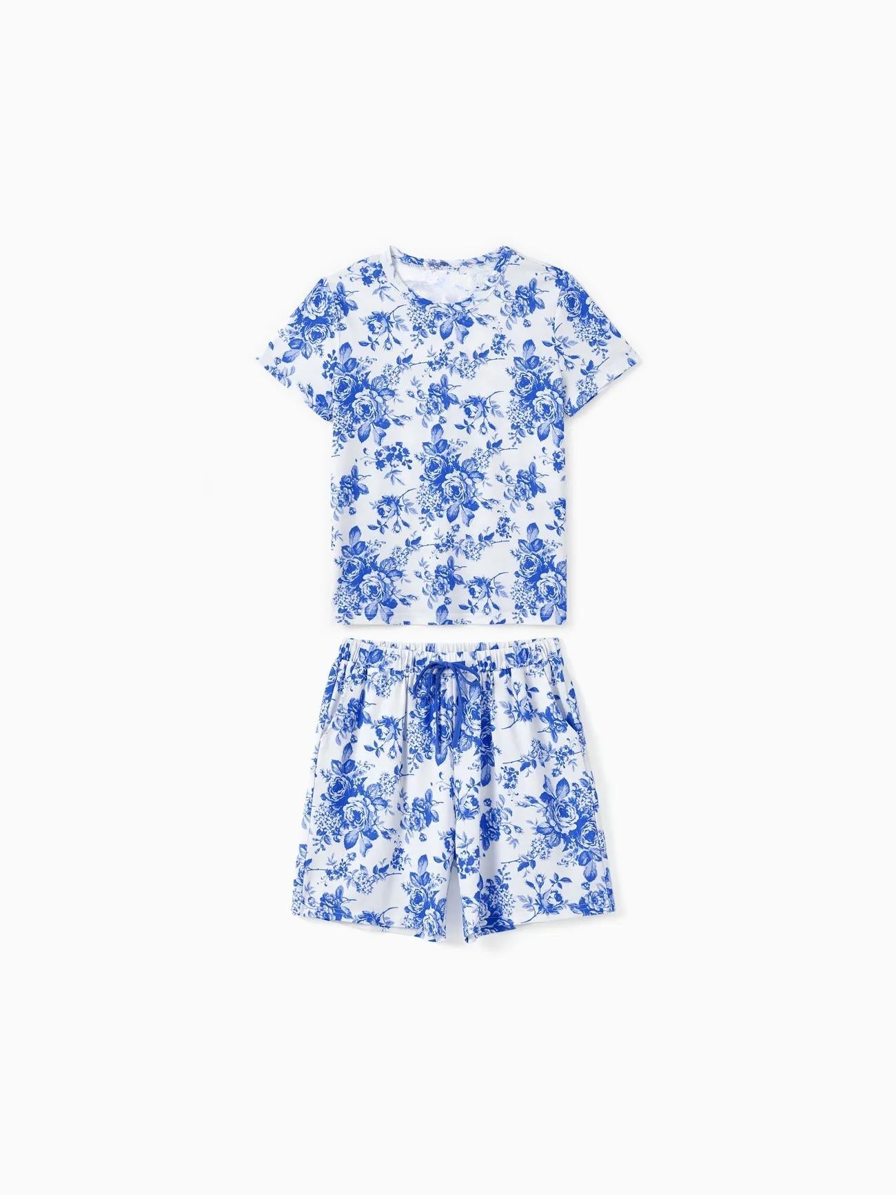 Family Matching Blue Floral Shorts Set With Drawstrings-Cozy Knit Sets