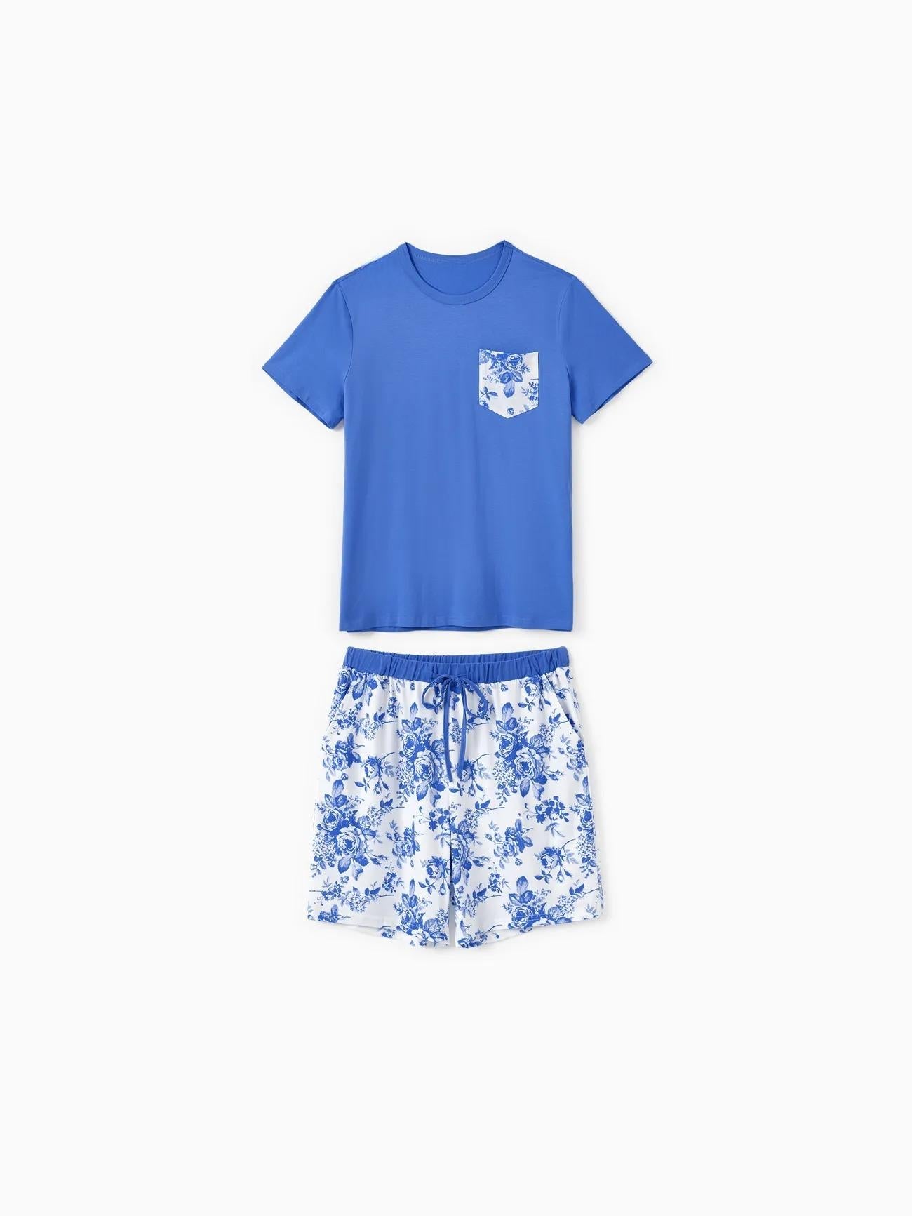Family Matching Blue Floral Shorts Set With Drawstrings-Cozy Knit Sets