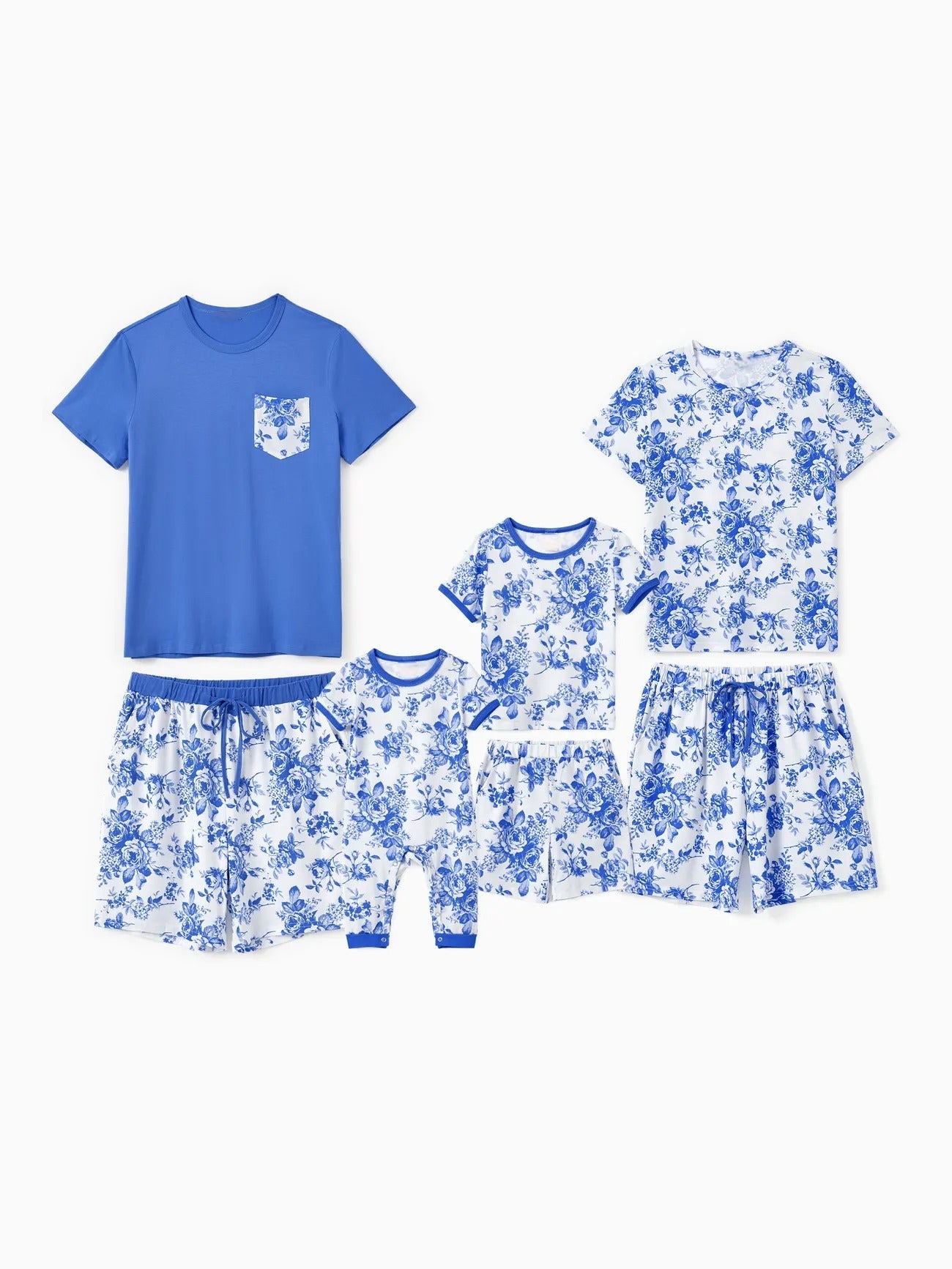 Family Matching Blue Floral Shorts Set With Drawstrings-Cozy Knit Sets