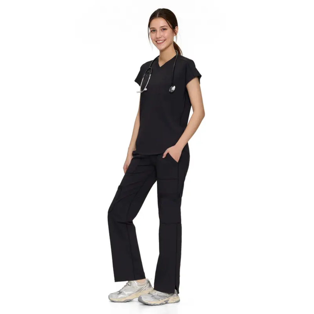 Workwear Yoga Scrub Set With Batwing Top And Straight Pants For Women