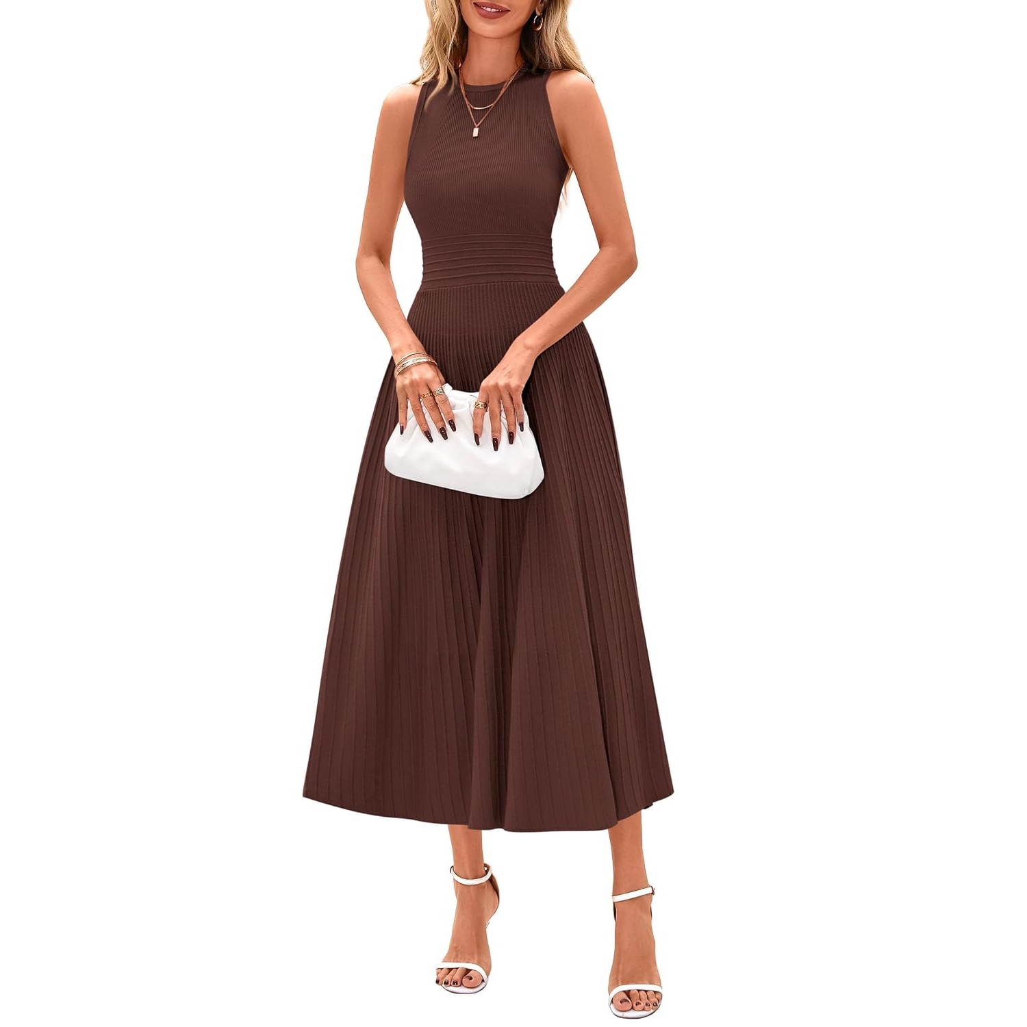 Casual Sleeveless Midi Dress With Pleated Design For Women