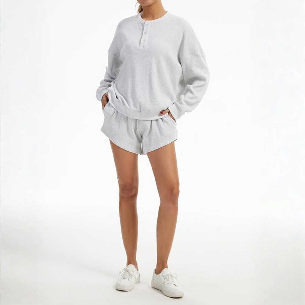 2 Piece Oversized Waffle Knit Lounge Set Long Sleeve Sweatshirt and High Waisted Shorts