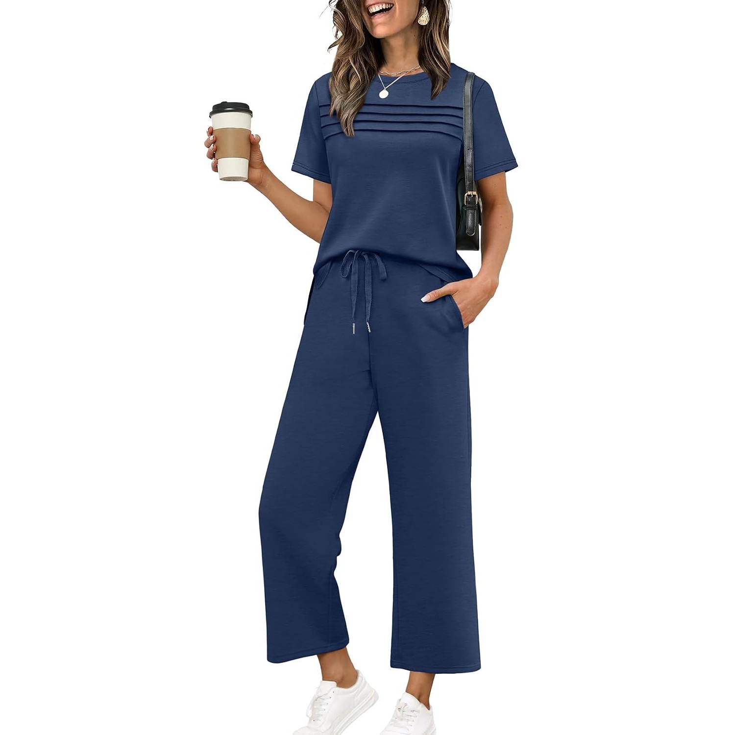 Two Piece Travel Outfit With Wide Length Pants For Women