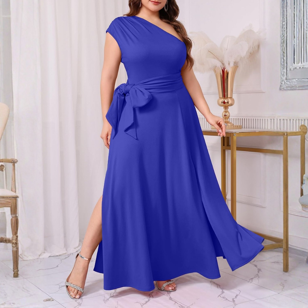 Asymmetric Belted Maxi Dress with Convenient Pockets